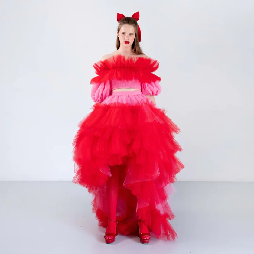 

Cute Candy Women Skirt Sets Fluffy Tulle Formal Party Dresses High Low Skirt Tube Tops Long Prom Gowns Birthday Occasion Dress