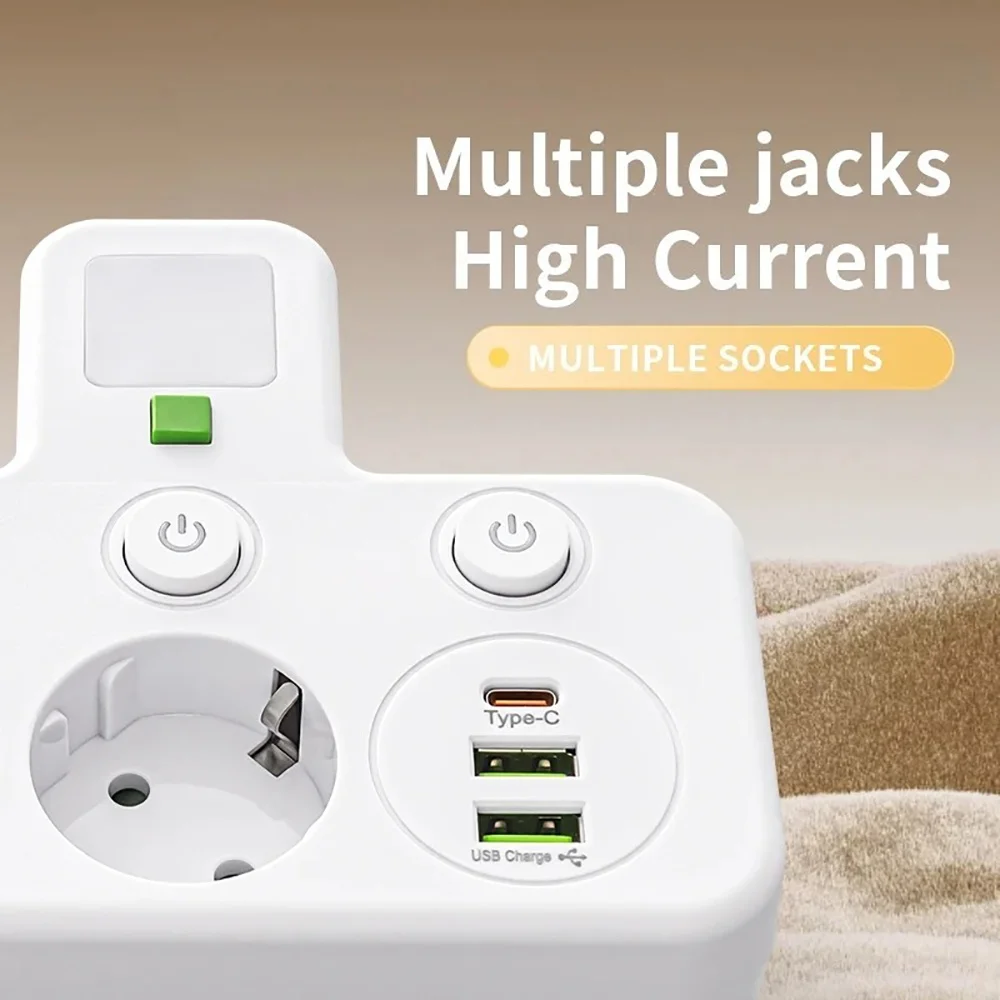 EU Plug AC Power Strip Socket Panel with Type C USB Fast Charging Independent Switches for Home Office Electrical LED Light