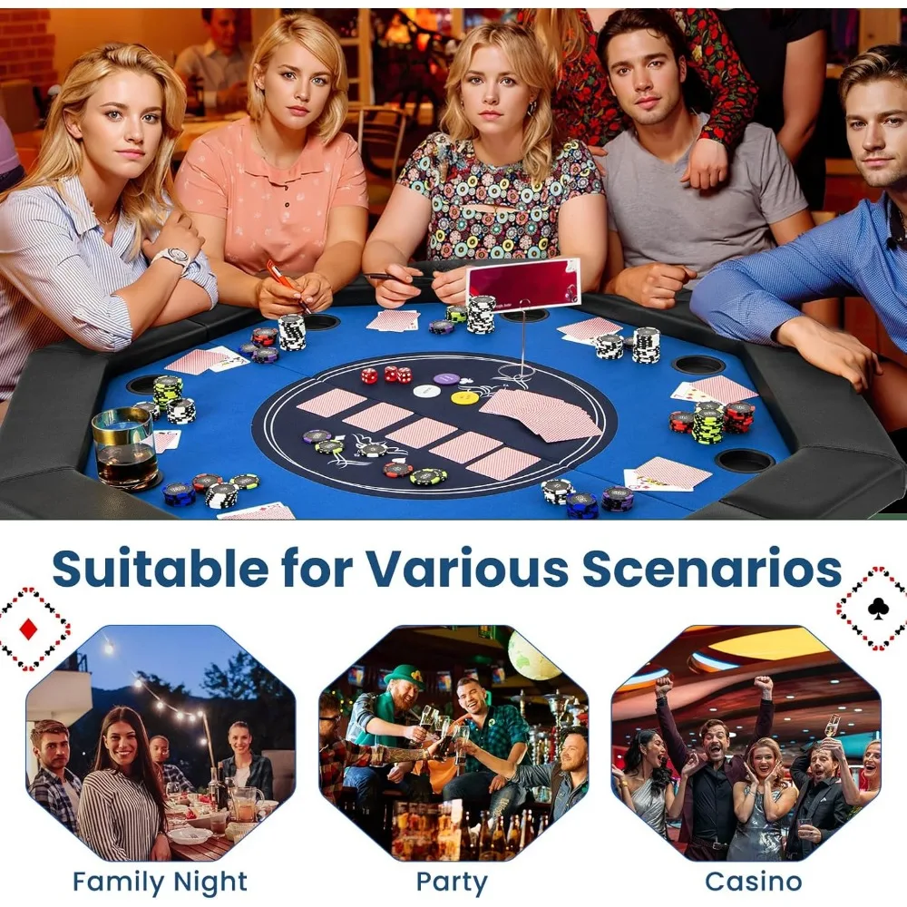 48" Poker Table Foldable - 8 Player Octagon Texas Holdem Poker Tables w/ 8 Cup Holders, Casino-Grade Felt Surface, Padded Rails 6