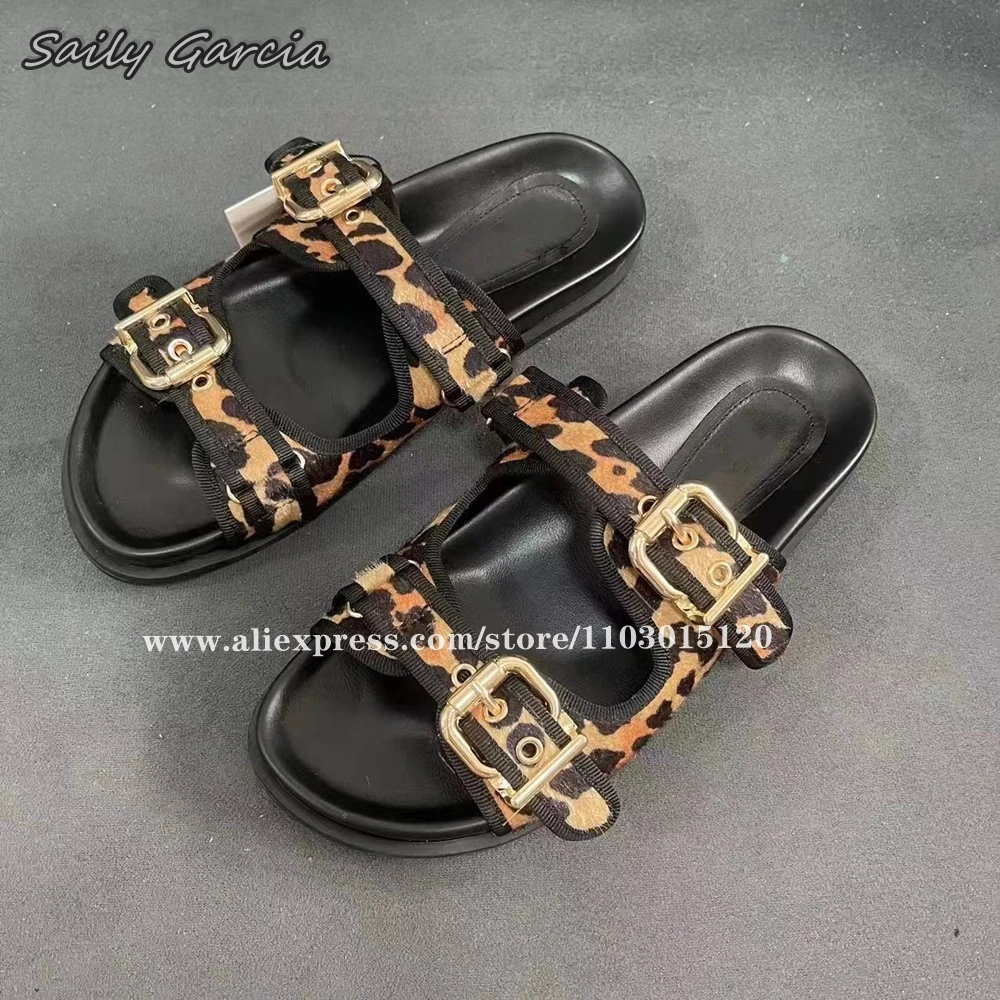 （In Stock）Animal Leopard Print Belt Bucke Strap Leather Flats 2024 Spring New Outdoor Casual Flats Open Toe Hollow Sexy Slippers