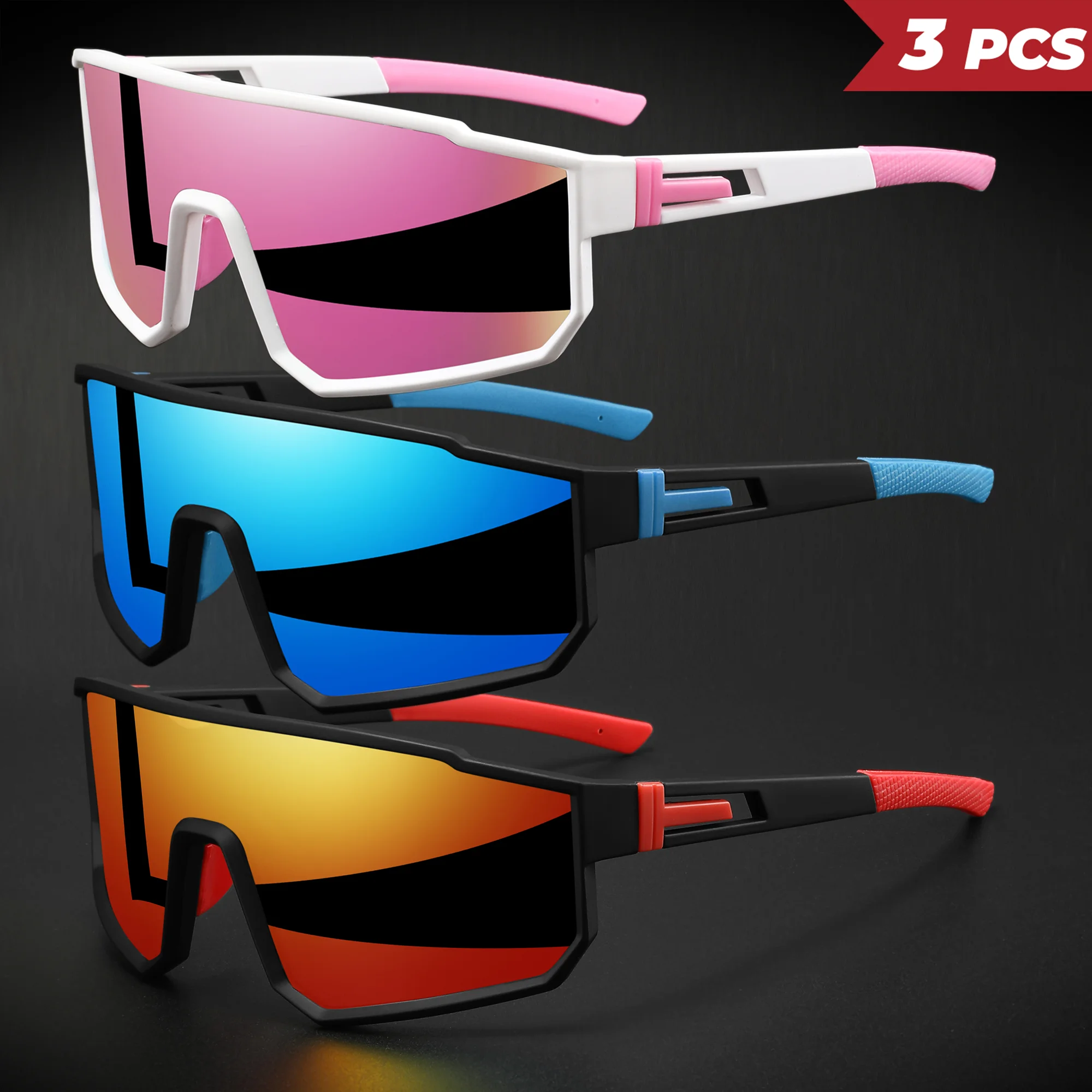 3 Stück übergroße, farbenfrohe Sport-Sonnenbrille – umlaufendes Design, UV400, Unisex, bequeme Passform für Radfahren, Wandern und Outdoor