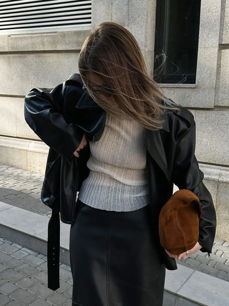 Slit PU Skirts For Women 2025 Spring New Slim Y2K Sheath Skirt Femme Street Solid Casual Fashion Elegant Skirts Womens