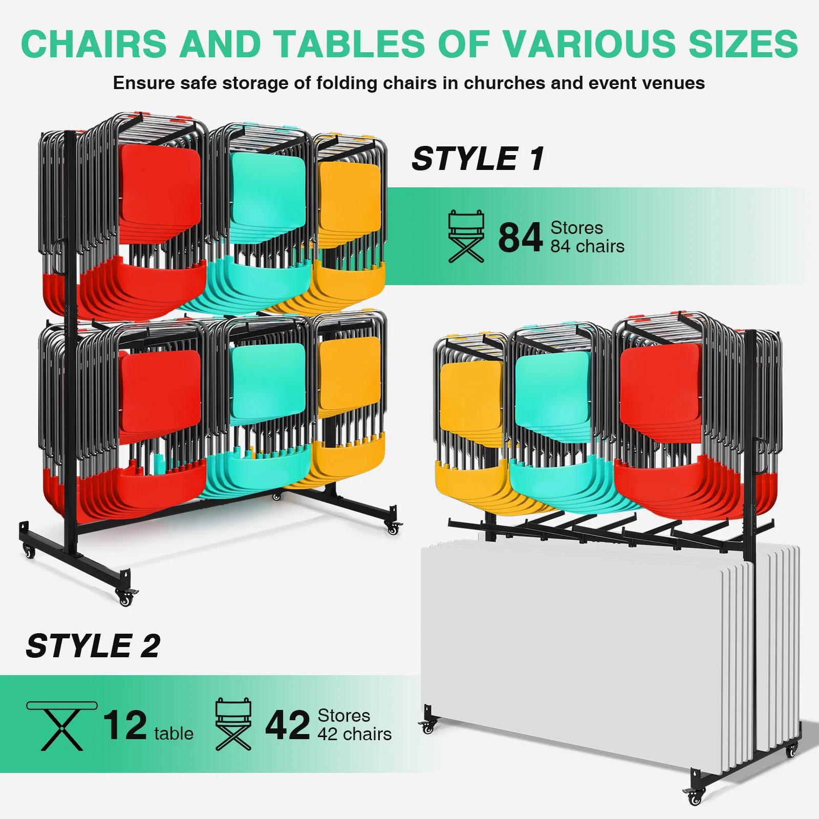 Folding Chair Rack with Locking Rubber Wheels Heavy Duty Folding Chair Cart for 84 Chairs or 12 Tables Storage Rack