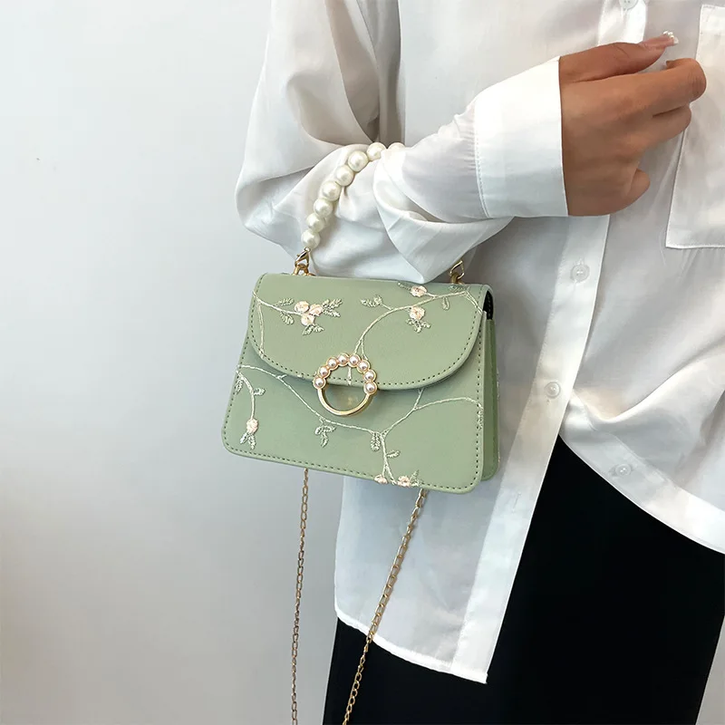 Fashionable Pearl Handbag for Women Stylish Lace Chain Single Shoulder Bag, Synthetic Leather Small Square Bag for Daily Use