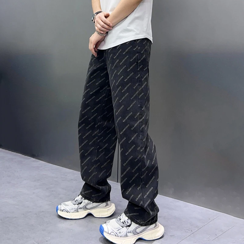 Trendy American letter print men's jeans loose fit straight pants new pants 2024 street trend male