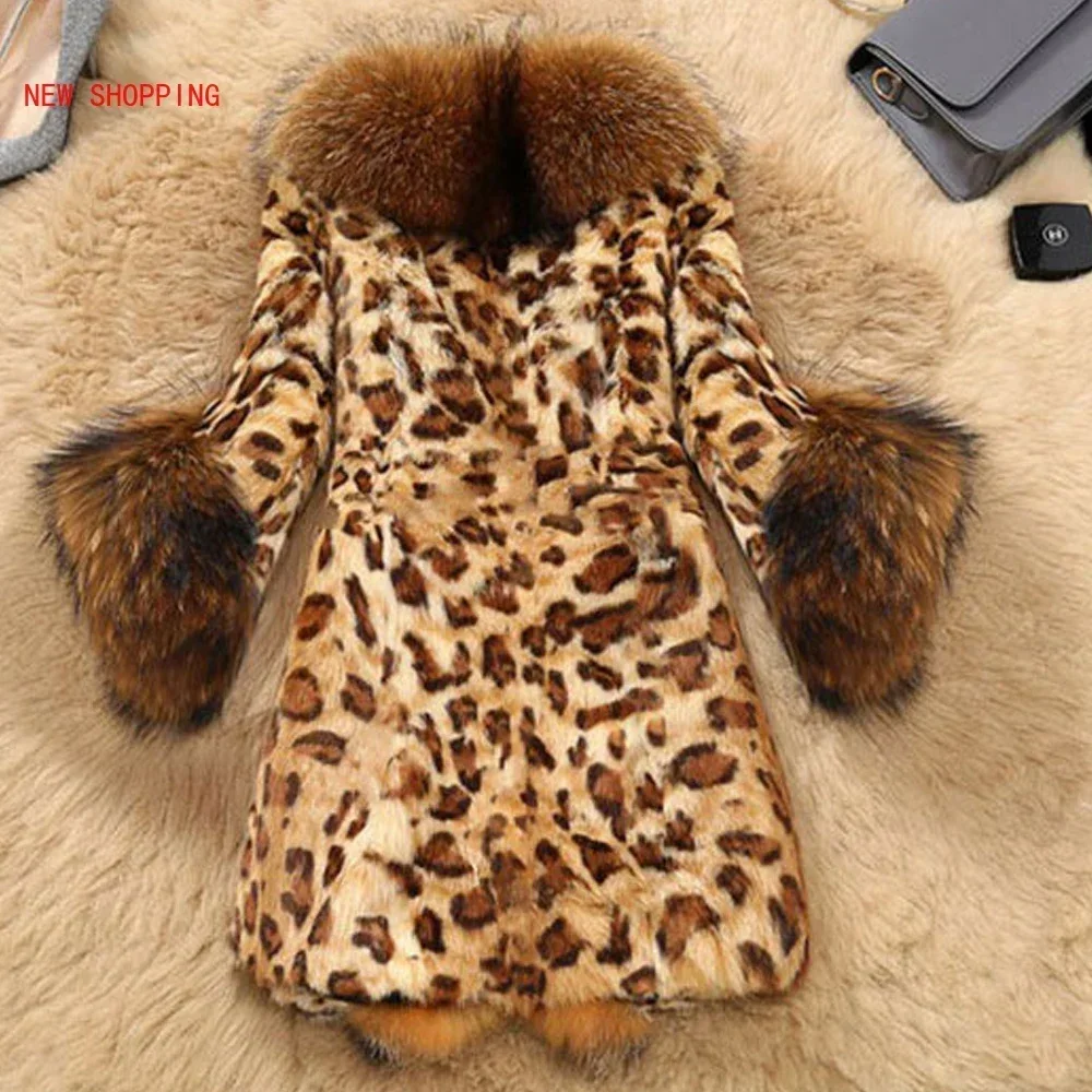 Elegant Coat Winter Faux Fur Women Leopard Print Coat Plus Size Raccoon Fur Warm Thicken Luxury Coats Woman Loose Outwear 4XL