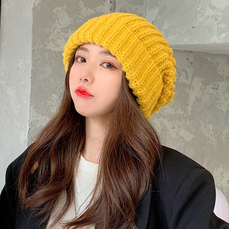 

New Windproof Korean Fitted Hat Winter Solid Color Thick Woolen Hats For Women Ski Slouchy Cap Skull Wool Lady Warm Caps Beanies