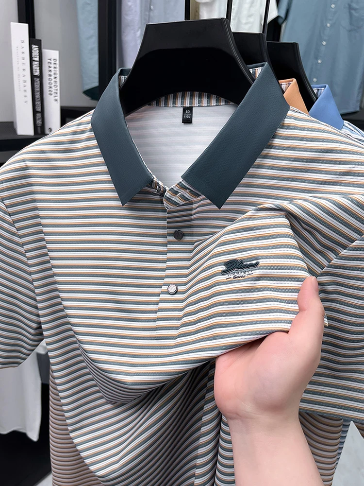 Fashion stripe color blocked men short sleeve polo shirt summer new trend brand embossed silky smooth breathable casual T-shirt 20 S504c9ba855ed4bc69fbc1cdc83b5ecb6H