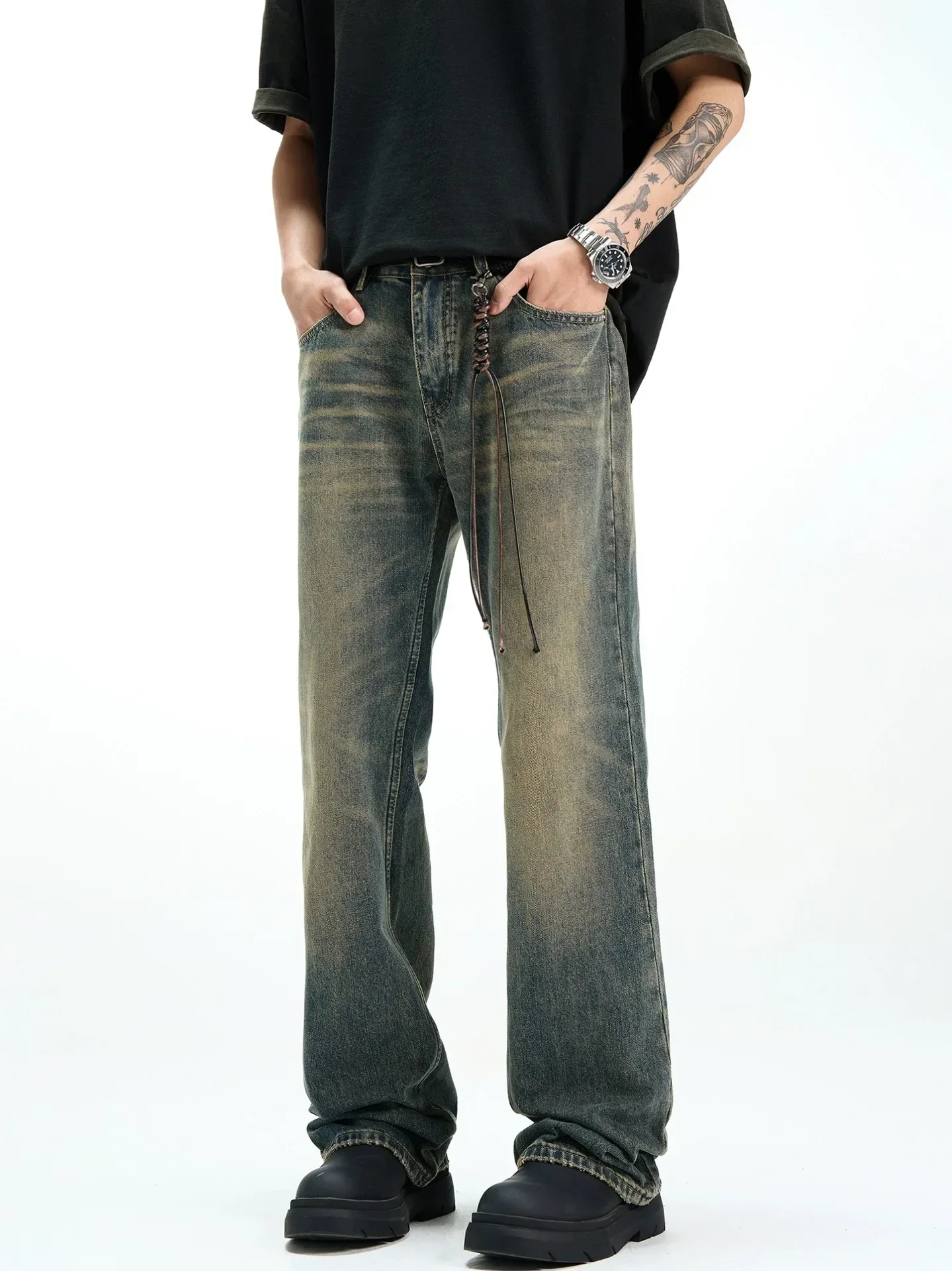 

American Style High Street Vibe Distressed Yellow Mud Dyed Washed Jeans for Men's Trendy Ins Straight Leg Cleanfit Pants