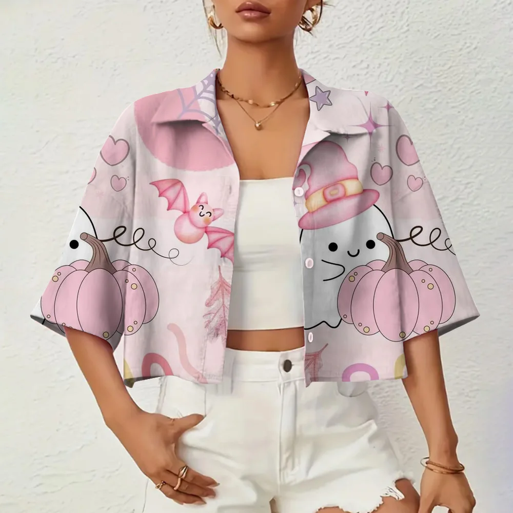 

Женская свободная рубашка с полурукавами, Повседневная Удобная летняя воздухопроницаемая рубашка с отложным воротником и принтом тыквы и призрака