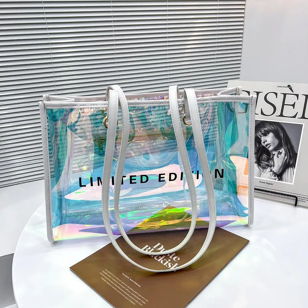 Female Casual Laser PVC Clear Summer Holiday Beach Portable Clutch Tote Bags for Christmas Birthday Party Gift