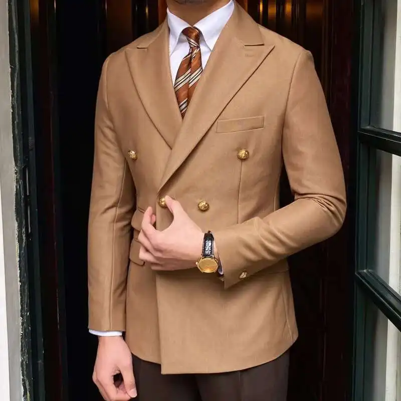 British Daily Men Blazer Hombre Fashion Double Breasted Slim Suit Blazer Homme Solid Color Suit Jacket Casual Trendy Masculino