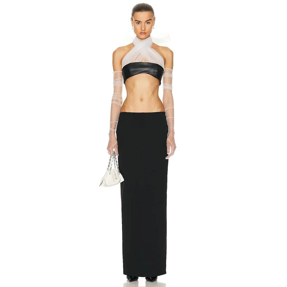 

High Quality Women Sexy Mesh Bandage Set Slim Fit Short Top And Long Dress Two Piece Formal Occasion Evening Cocktail Party Club