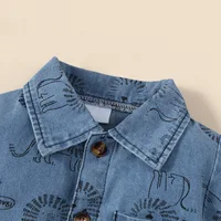 Summer New Short sleeved Polo Collar Single breasted Cartoon Little Lion Printed Denim Shorts jumpsuit for small and medium-size 3