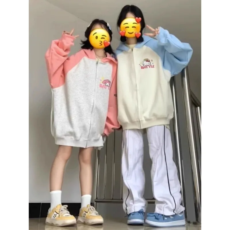 

Kawaii Sanrio Anime Hello Kitty Cotton Hoodie Coat Cute Cartoon My Melody Warm Splicing Loose Hooded Zipper Sweet Gift for Girls