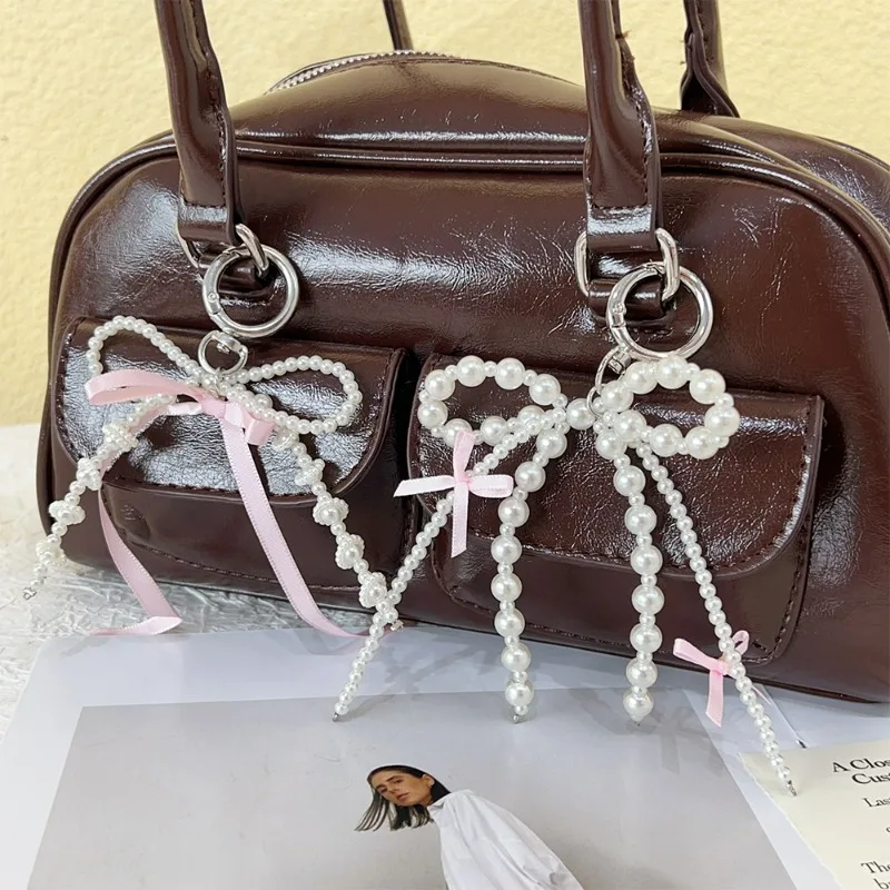LIFKOME Llavero De Borla Con Nudo De Lazo, Llavero De Perla Para Automóvil, Lindo Colgante De Bolso De Moda, Colgante De Cartera Para Mujer, Beige