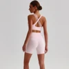 Solid Color High Waist Gym Yoga Short Legging Set Tight Women Cross Back High Impact Shoulder Strap Fitness Bra Top Sportwear
