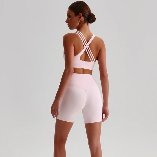Solid Color High Waist Gym Yoga Short Legging Set Tight Women Cross Back High Impact Shoulder Strap Fitness Bra Top Sportwear