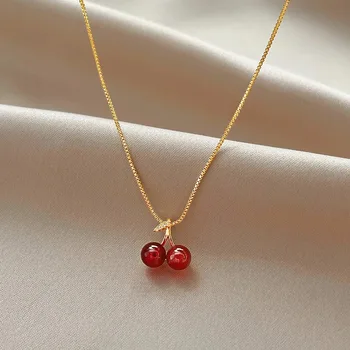 Charm Red Cherry Crystal Stainless Steel Necklace for Women Sweet Cute Style Temperament Collar Chain Jewelry Gift Wholesale