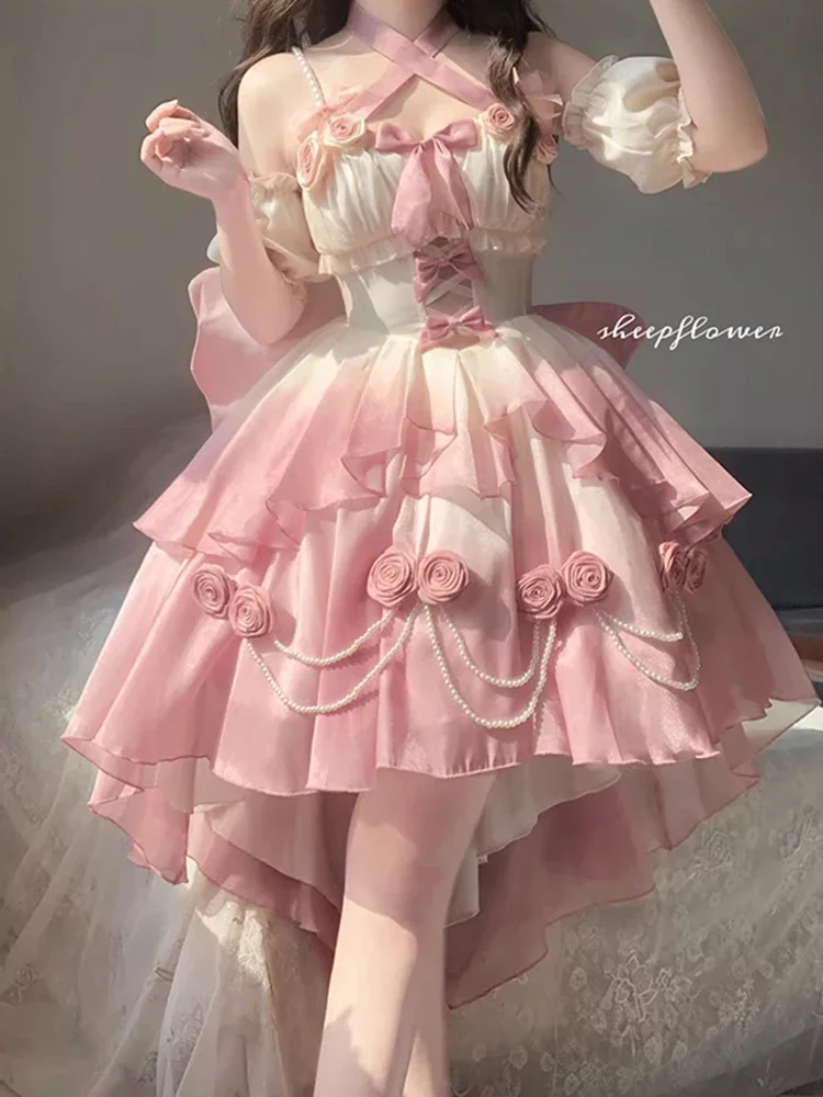 

Gradual Pink Light Flower Wedding Hollow Out Front Short Back Long Lolita Pengpeng Heavy Industry Trailing Princess Dress Lo