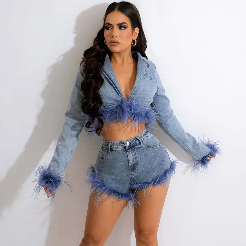 Sexy Party Night Denim Two Piece Set for Women Jean Feathers Cropped Jacket Top and Shorts Matching Sets Club Outfits Streetwear fur denim jean jackets cropped bomber thick warm coats 2023 fall women fashion clothes y2k streetwear puff winter sexy jacket