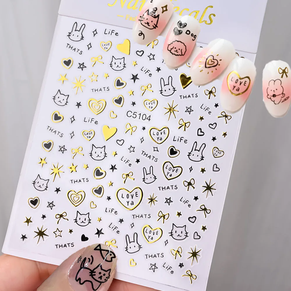 

Bronzing Gold Cartoon Graffiti Rabbit/Cats/Dogs Nail Stickers Heart Moon Star Decals Slider Korean Japanese Nail Art Decoration
