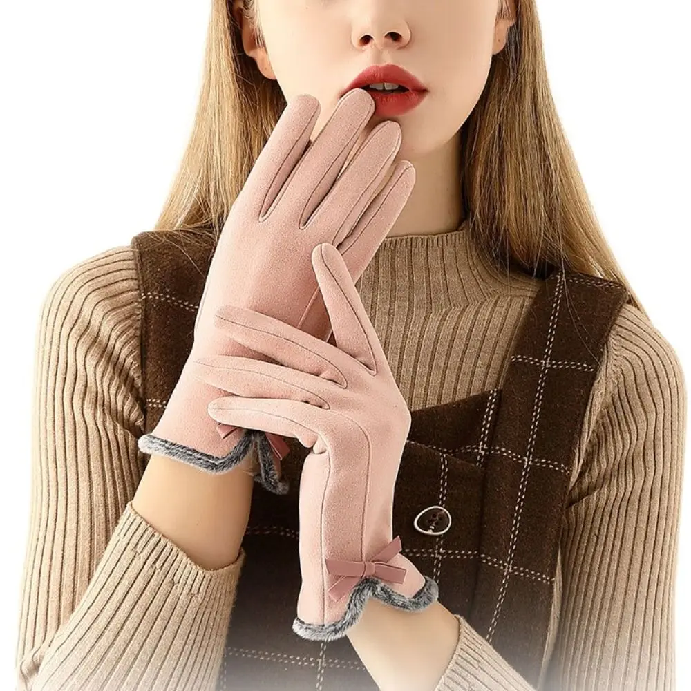 

Five Finger Winter Bowknot Gloves Touch Screen Warm Winter Velvet Gloves Cycling Gloves Korean Style Outdoor Riding Mittens