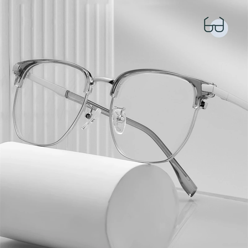 80523 Korean Style High Quality Eyebrow Frame Square Metal Translucent Gray Eyeglass Frame Optical Prescription Anti Blue Light