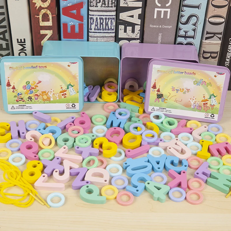 

Kids 51pcs Montessori Toys Alphabet ABC Numbers Beaded Wooden Shaped Letters Number String Threading Lacing Beads Game