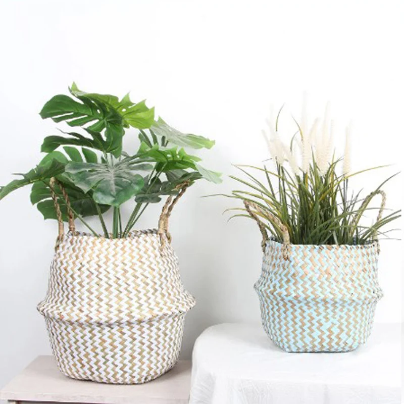 Folding Seagrass Woven Belly Basket Plant Flower Pot Lanudry Storage Holder Gift 