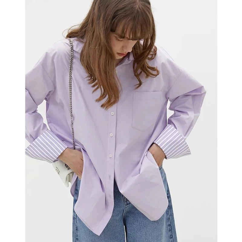Casual Loose Shirt And Blouse Turn-down Neck Purple Patchwork Stripe Long Sleeved Clothes Top Single Breasted Simple Streetwear