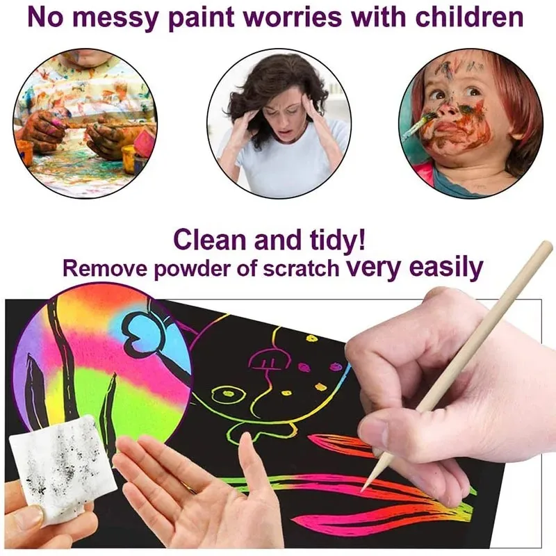 Scratch Paper Art Set Rainbow Card Scratch Black Scratch It Off Paper Crafts Notes with Wooden Stylus Stencils for Kid DIY Gift 2