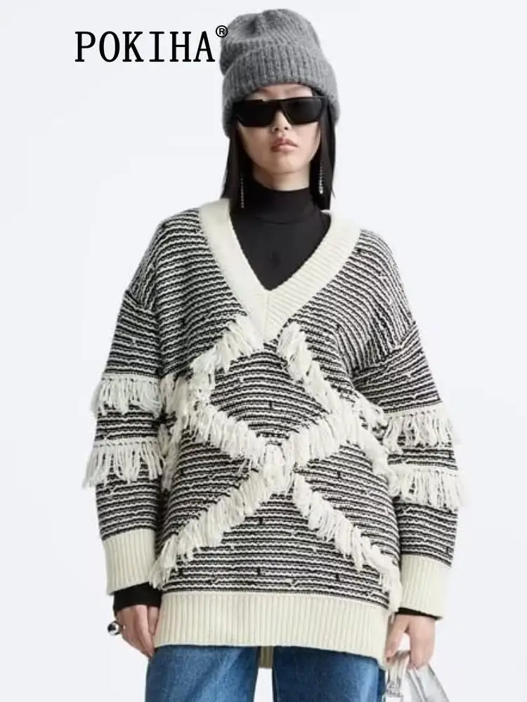 

Pokiha Fashion Women New Elegant Tassel Jacquard V-neck Knitted Sweater Vintage Casual Long Sleeve Female Pullovers Chic Tops