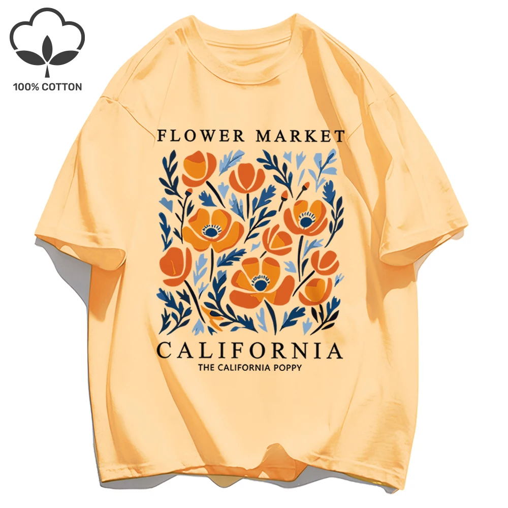 California Yellow Flowers Print Women's Soft Cotton O-Neck Casual Tee