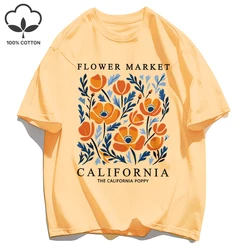 California Yellow Flowers Print Women's Soft Cotton O - Neck Casual Tee - XXXL (Sun Orange)