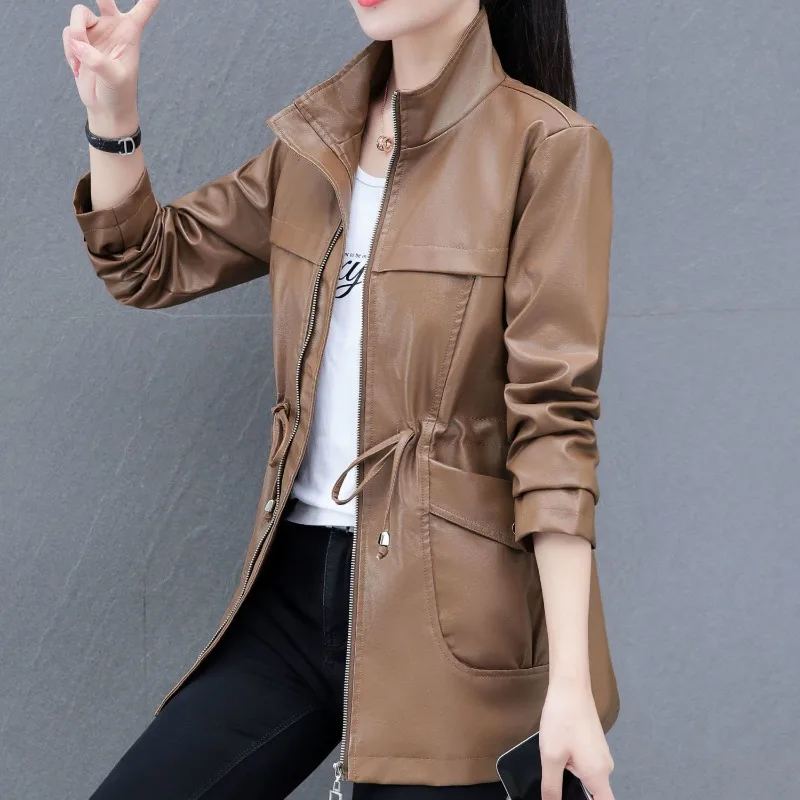 2023 Autumn Winter New Stand Collar Solid Color Temperament  Long Leather PU Coat Women Season Coat Fashion Ladies Style Classy
