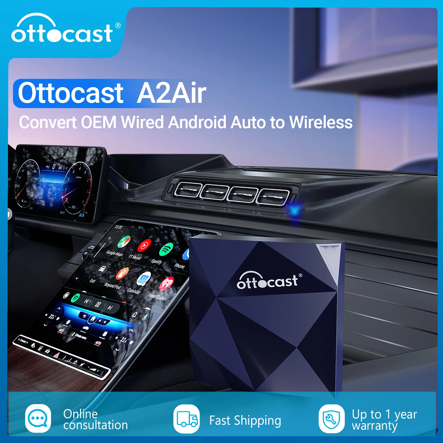 Ottomcast A2Air Wireless Android Auto Adapter Box Cablato Per Dongle Wireless Accessori Per Auto Android Per Kia Vw Audi Ford Benz