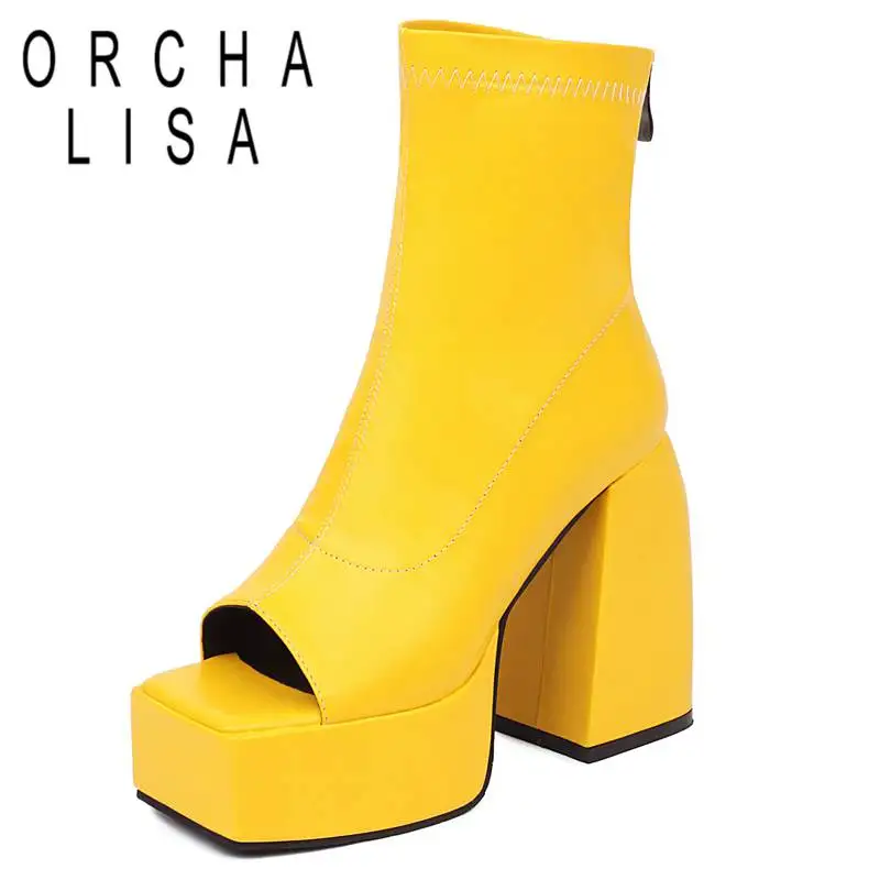 

ORCHA LISA Ladies Boots Open Toe Chunky High Heels 12cm Platform 5cm Zipper Mid Calf Boot Big Size 34-43 Solid Party Shoes S4128