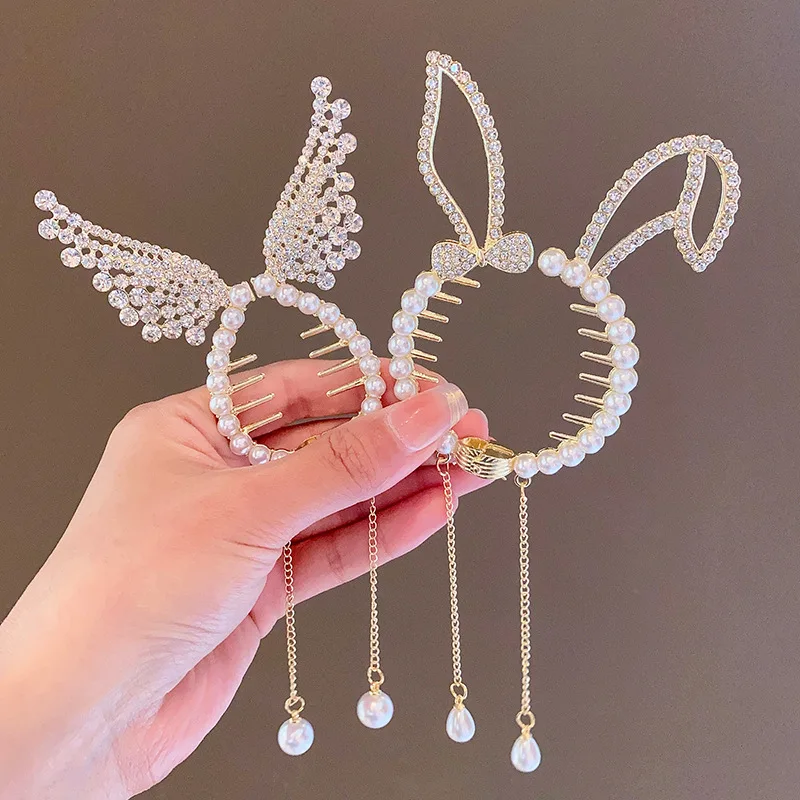 

Cute Cat Ears Pearl Rhinestone Hair Buckle Tassel Pill Head Ponytail Buckle Hair Card Clip Baby Girls Women Alloy Hair Headdress