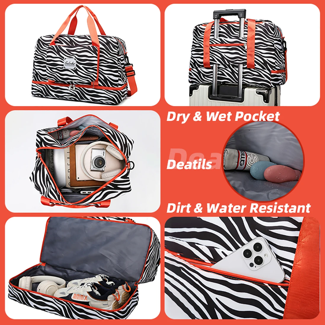 Zebra Stripe Plaid Dry Waterproof Duffle Women Gym Travel Sneaker Duffel Foldable Handbag Tote Bag Crossbody Bags Shoe Pocket