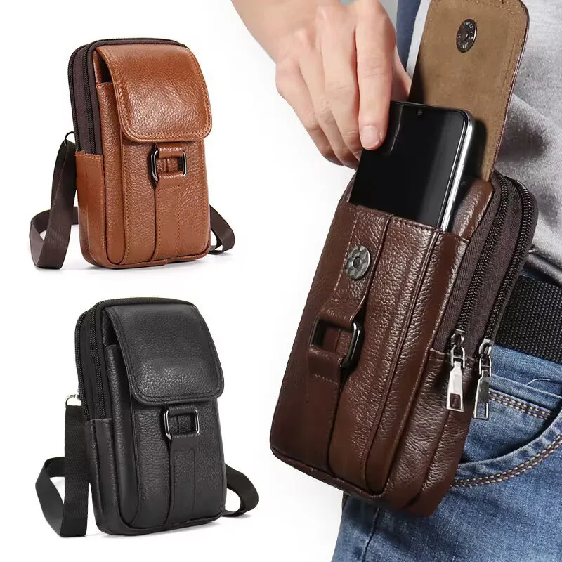 Men's Mobile Phone Waist Bag Outdoor Work Chest Bag PU Cigarette Case Key Chain Wear Belt Backpack Sport Hiking Portable Satchel