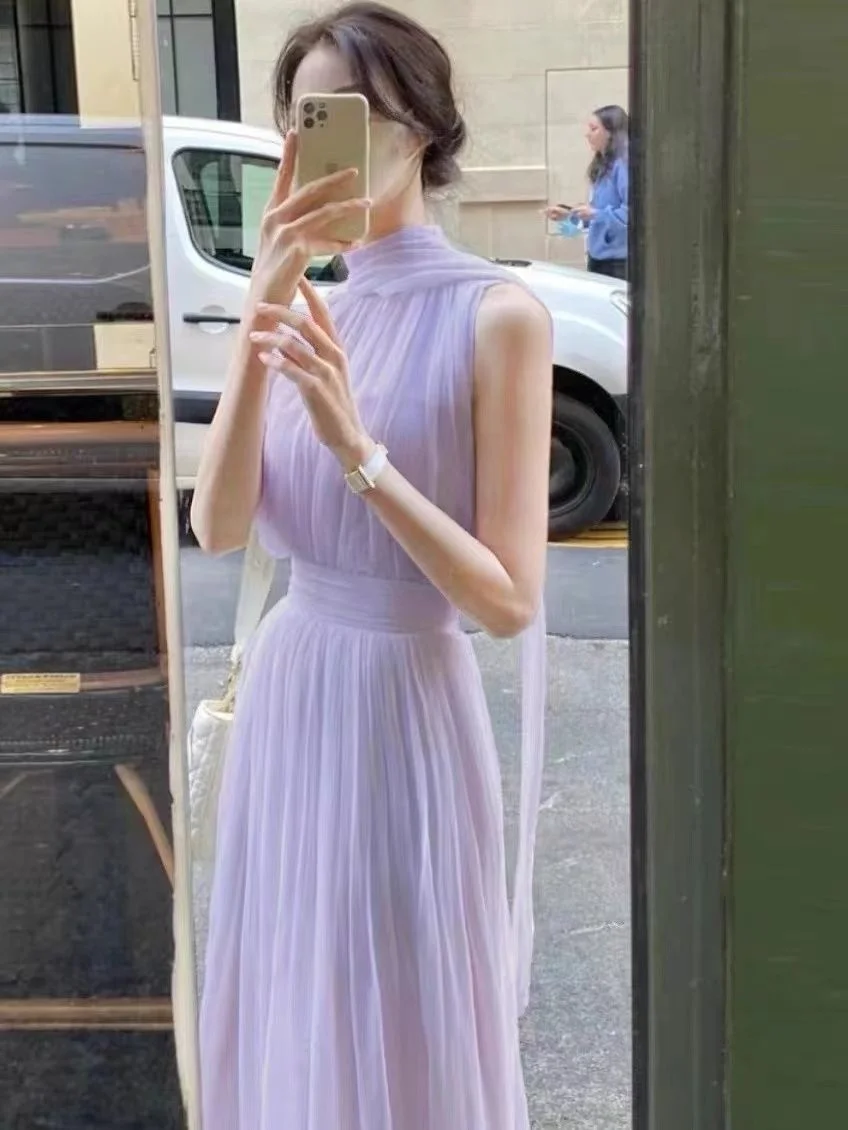 Women's  2022 Spring And Summer New Style Gentle Elegant Long Skirt High Collar Sleeveless Fashion Sexy Dress