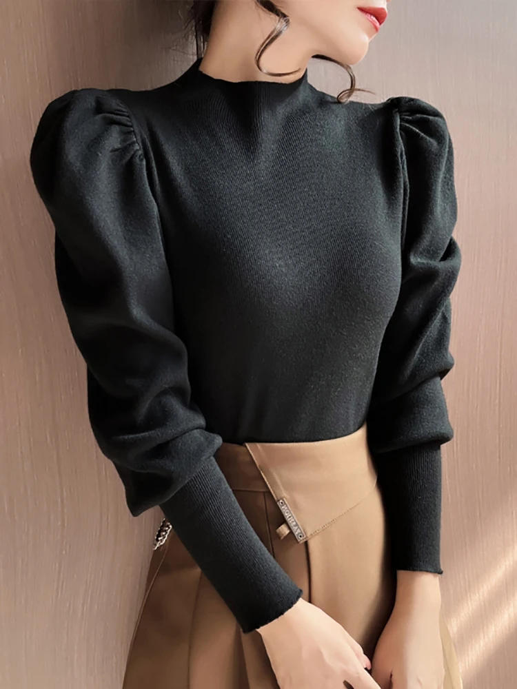 Autumn Winter Sweater Turtleneck Slim Fit Basic Pullovers Fashion Korean Knit Tops Puff Sleeve Womens Sweater Stretch Jumpers 4