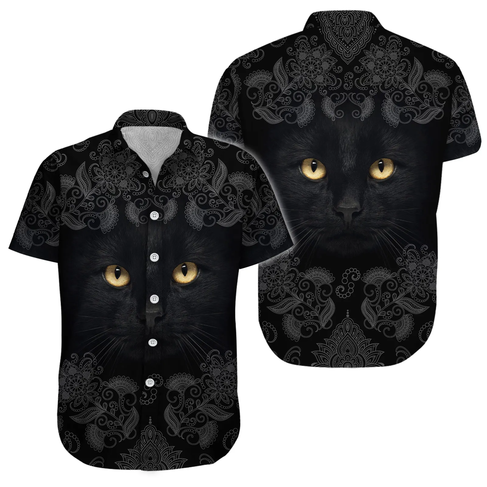 

Black Cat Floral Pattern Casual Button-Down Shirts Short Sleeve, Tropical Hawaiian Shirt, Cat Lover Gifts, Daily Outfit