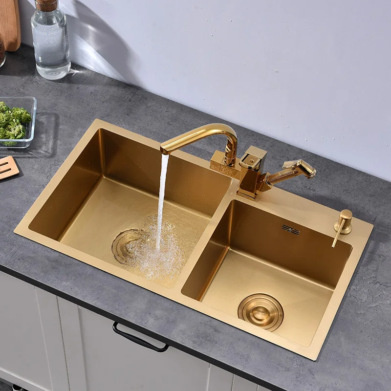 Gold Kitchen Sink Above Counter or Undermount double Bowl Goldn Basket Drainer Soap Dispenser Washing Basin 304 Stainless Steel 4