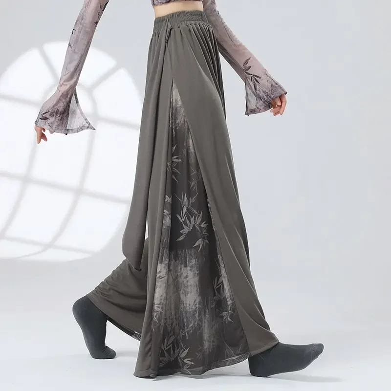 

Women's All Season Fashion Elegant Elasticized High-waisted Solid Color Printed Spliced Gauze Drawstring Loose Wide-leg Pants