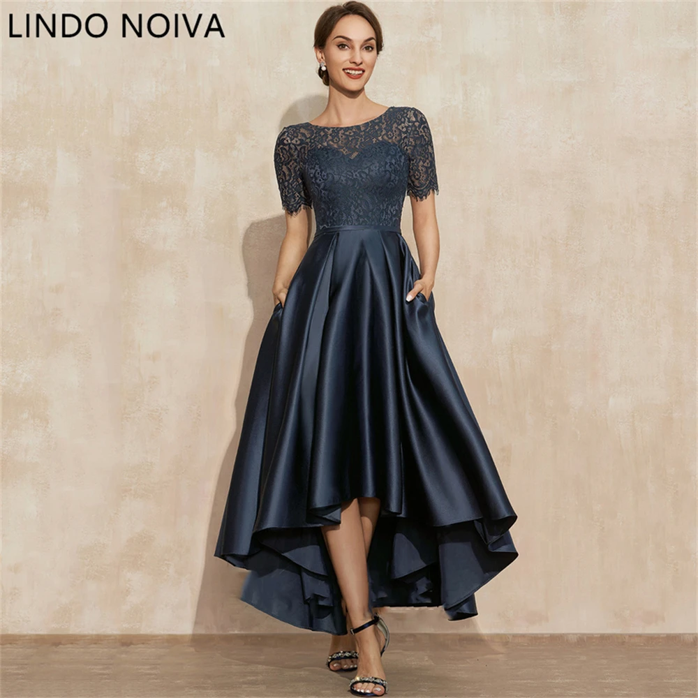 

Navy Blue Satin Prom Dresses O-Neck Lace Short Sleeve Asymmetrical Sexy Party Gowns Vestidos Largos