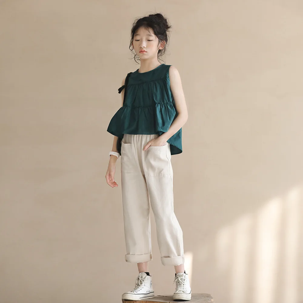 

Girl Beige Pants Elegant Cotton Trousers Summer Teenage Girls Clothing