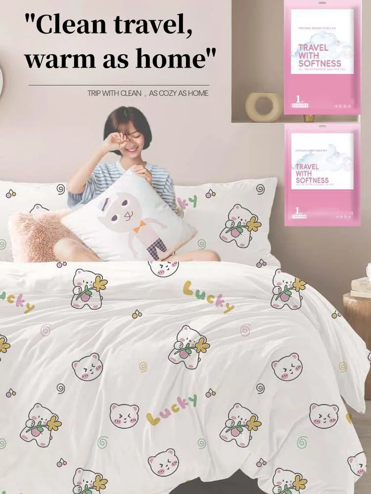 Thickened Disposable Bed Sheets Set Duvet Covers Pillowcases Skin Friendly Material Cartoon Print Hotel Travel