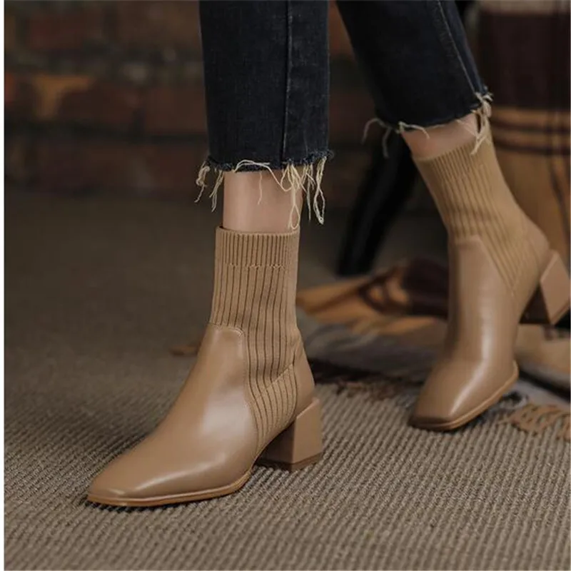 

2023 Autumn Winter New Ankle Socks Shoes Women Fashion Large Size 42 Knitted Short Boots Women Slip On High Heels Botas De Mujer